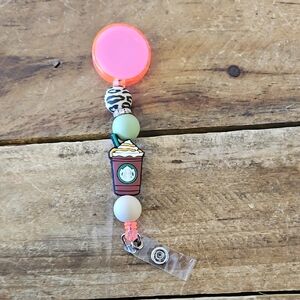 Coffee Themed Badge Reel with Pink and Green Beads